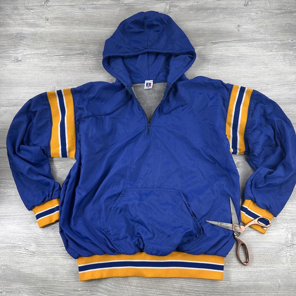 VTG Russell Athletic Thermal Jacket Mens XL Blue Gold Chalkline 90's Lined Flaws